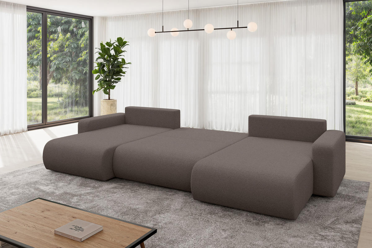 SEDACÍ SOUPRAVA DO U s funkcí spaní a úložným prostorem BERY-U 377x193x88 hnědá bouclé - černá/hnědá, kompozitní dřevo/textil (377/88/193cm) - ALTDECOR