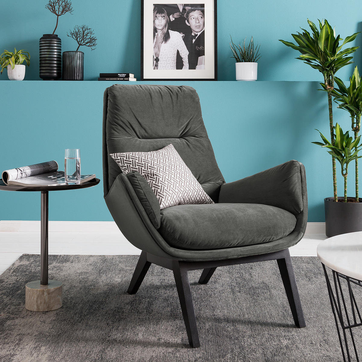 SESSEL mit Holzfüßen - Schwarz/Grün, Eichenholz/Textil (83/95/97cm) - home24