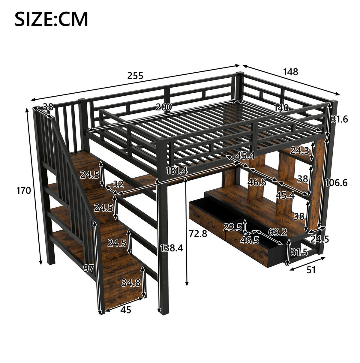 HOCHBETT aus MDF und Metall 140x200 cm Schwarz mit Schreibtisch, Regalen, Stauraumtreppe, LED und Schubladen - Schwarz, Holzwerkstoff (140/200cm) - Modfu