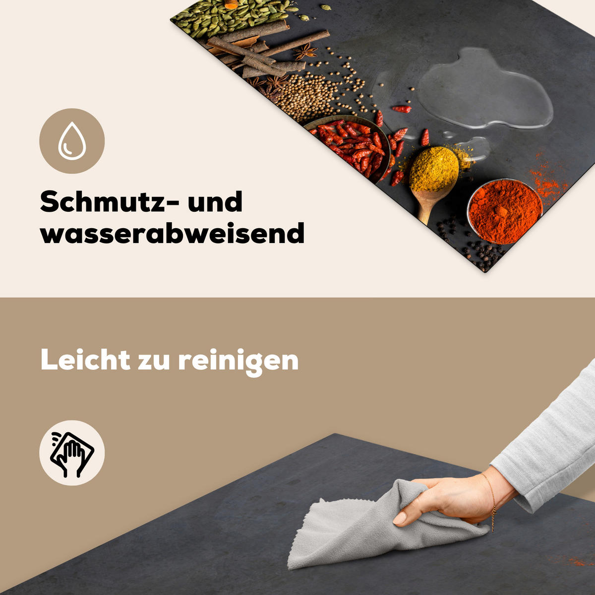 HERDABDECKPLATTE Kräuter - Lebensmittel - Gewürze - Schwarz - Paprika - Zimt Ceranfeldabdeckung 85x52 cm - Currygelb, Kunststoff (85/52/0.2cm) - MuchoWow