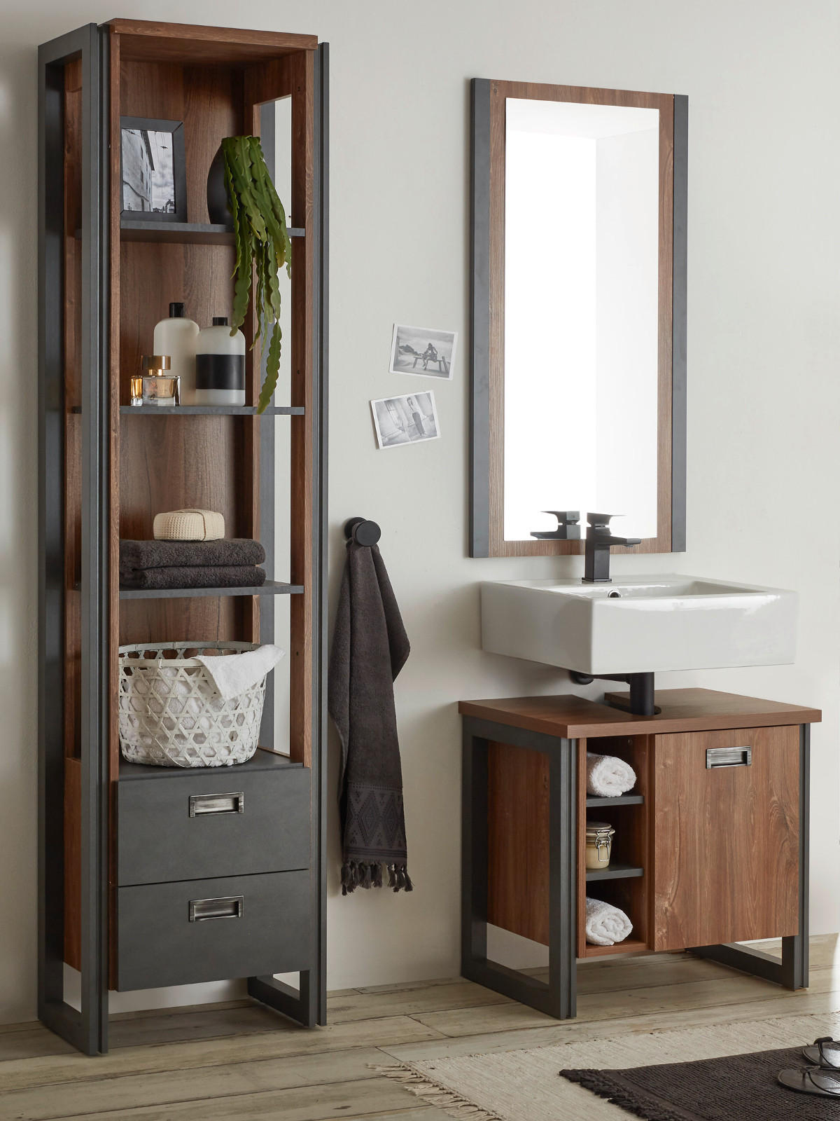 BADMÖBEL-SET 3-teilig Eiche Stirling, Matera grau, Badkombination 120 x 205 cm - Eichefarben/Grau, Holzwerkstoff (120/205/40cm)