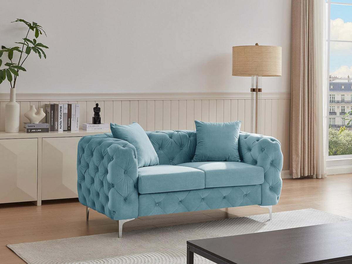 CHESTERFIELD-SOFA 2-Sitzer - Samt - Pastellblau - EDWINA - Hellblau, Textil (162/76/91cm) - Vente-Unique