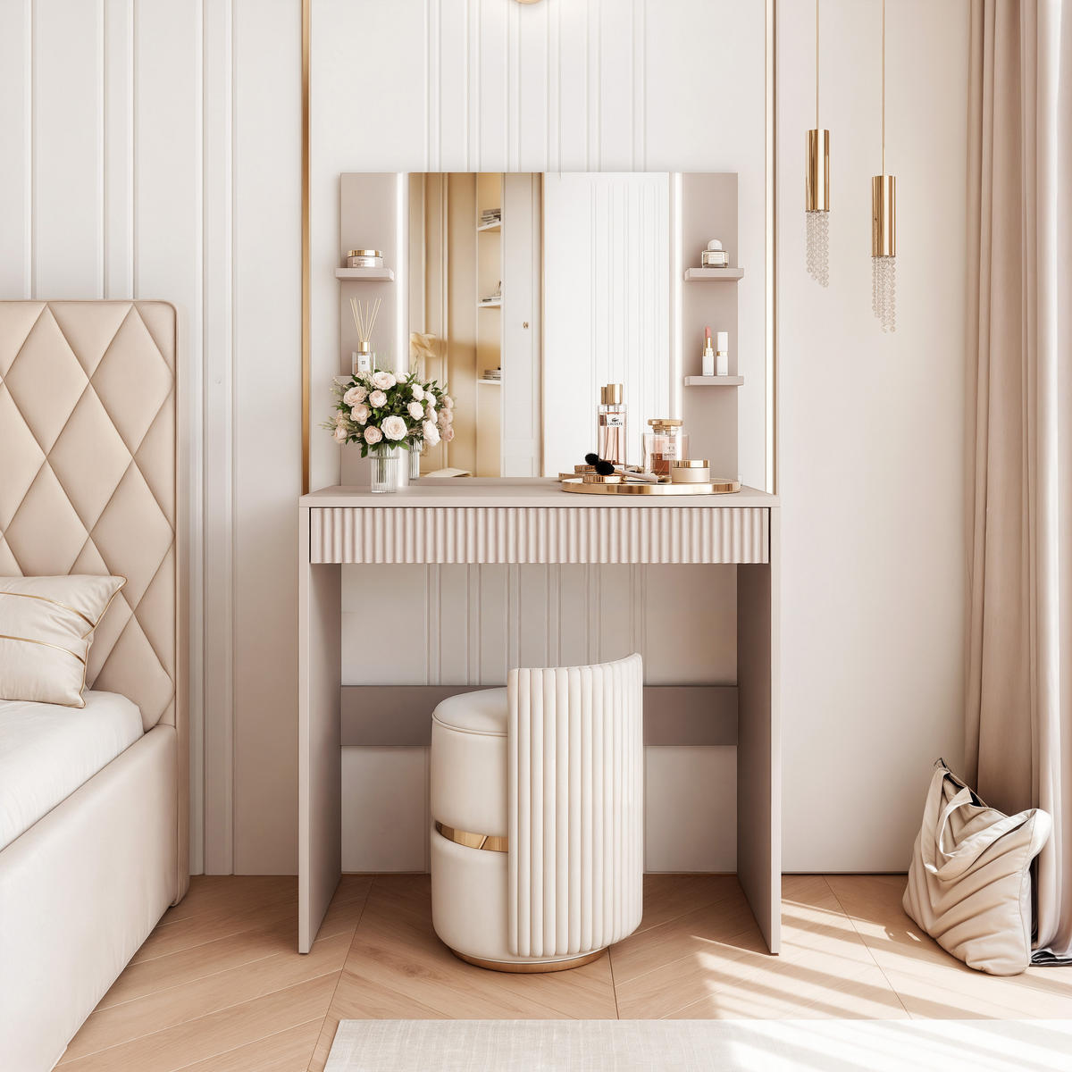 SCHMINKTISCH ELENA mit Spiegel & LED-Beleuchtung, Kaschmir - Kaschmir, Holzwerkstoff (80/136/40cm) - Idohome