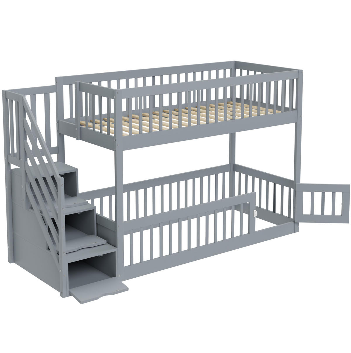 ETAGENBETT Massivholz 90x200 cm Grau mit Stauraumtreppe und Schubladen - Grau, Holz (90/200cm) - Modfu