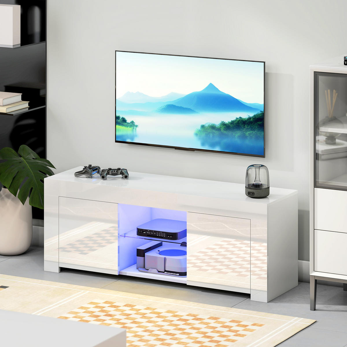 TV-SCHRANK mit LED-Beleuchtung, 2 Schranktüren, Glasregal, Kabellöcher Weiß - Weiß Hochglanz/Weiß, Glas/Holzwerkstoff (34/45/120cm) - HOMCOM