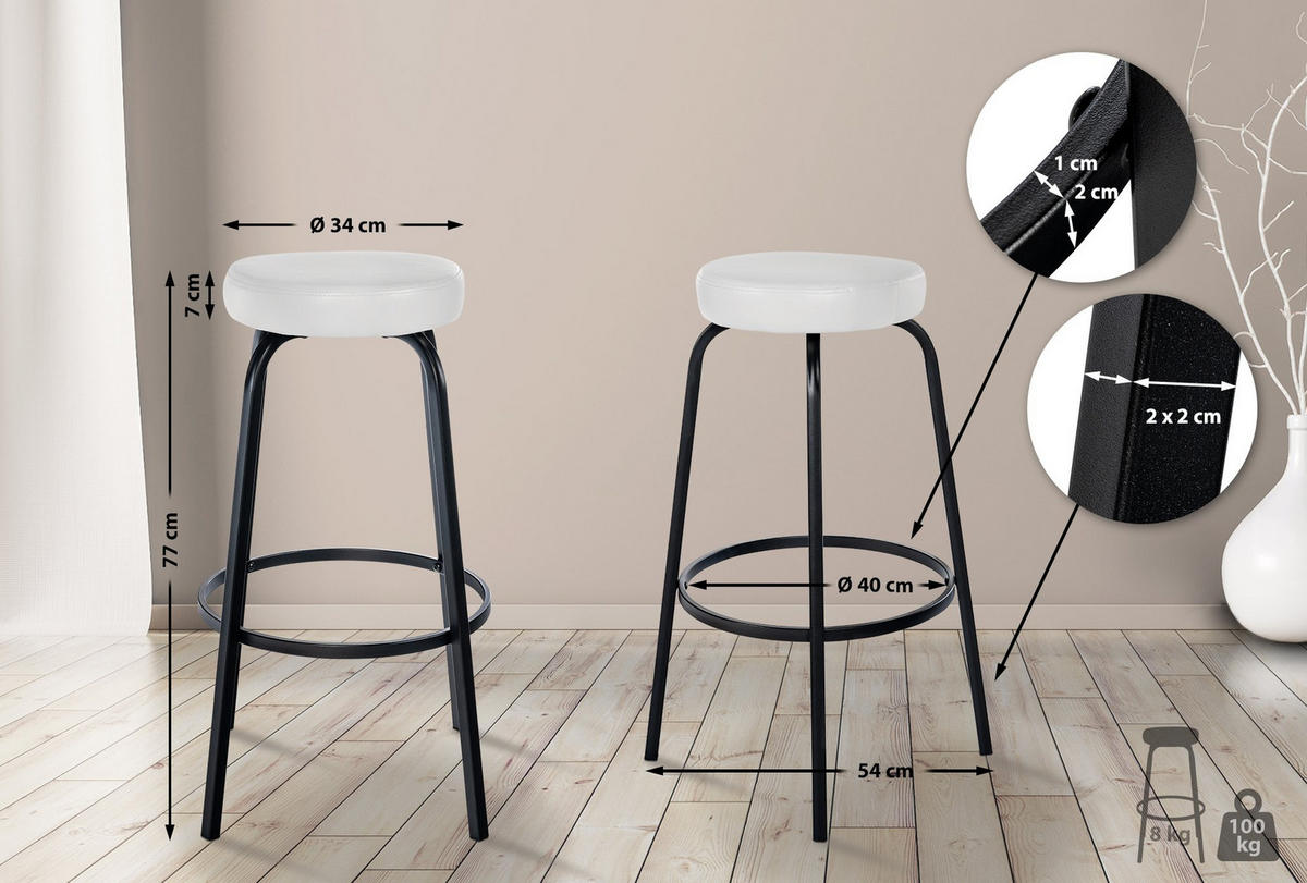 BARHOCKER KOELN Weiß Kunstleder - Weiß, Metall (41/78/41cm) - DELUKE