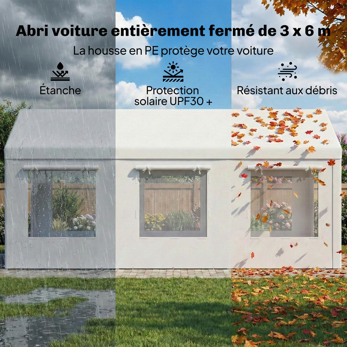 CARPORT DE-12739 300/600 cm UV30+ höhenverstellbar mit 6 Fenstern und Moskitonetz Weiß - Weiß, Metall (295/295/600cm) - ComfortXL