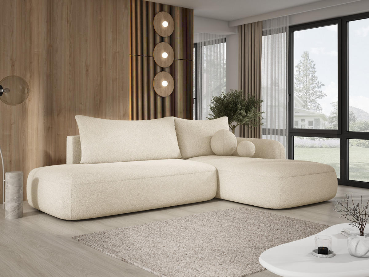 ECKSOFA BABU mit Schlaffunktion, Moderne Polsterecke für Wohnzimmer, funktionales Schlafsofa im Stoff NOW OR NEVER, 300x105x60cm rechte, beige​ - Beige, Holz/Textil (300/190cm) - DomoHome