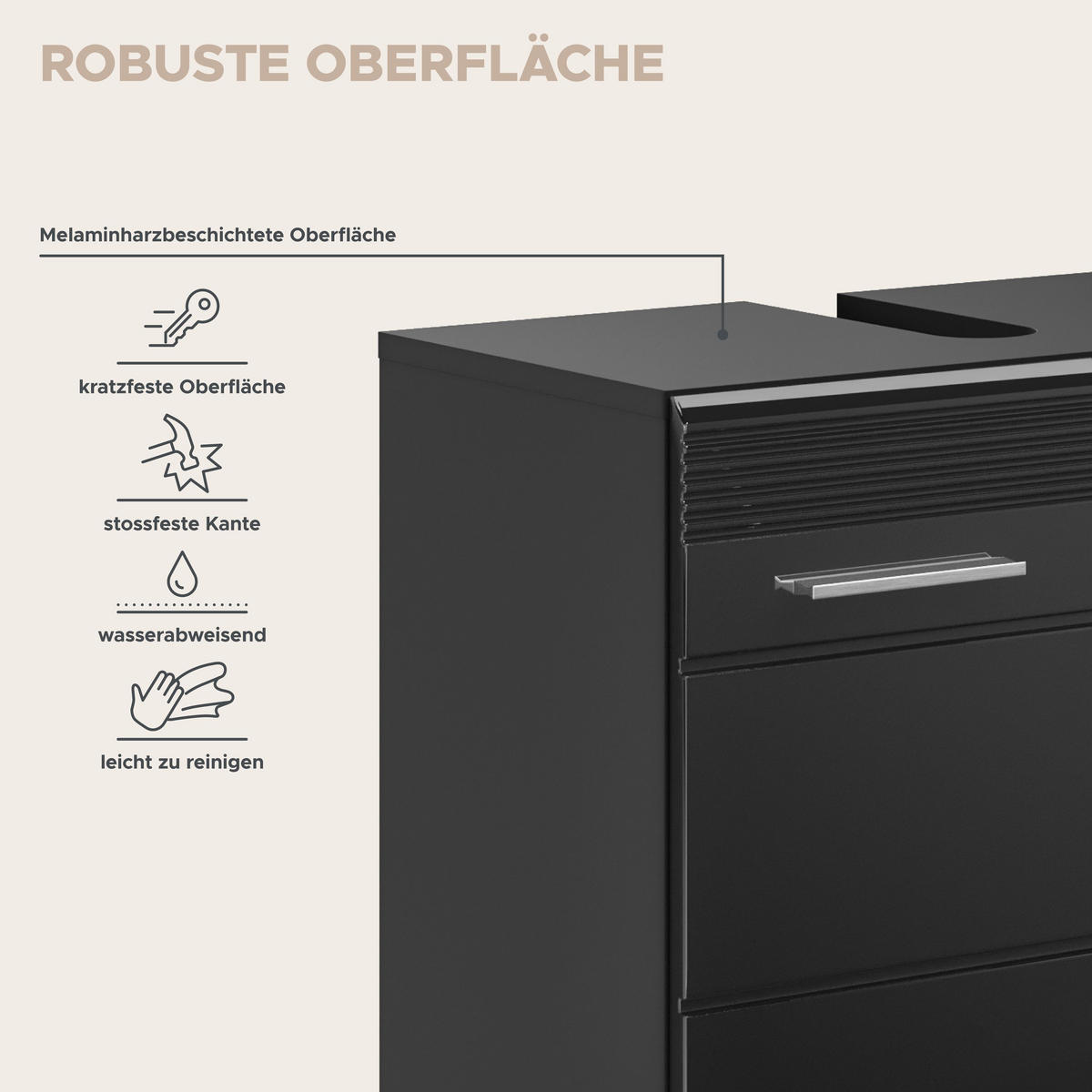 BADMÖBEL Set Linus 2tlg. Bad Kombination inkl. Beleuchtung (B/H/T: 60x182x34 cm) - Schwarz, Holz (60/182/34cm)