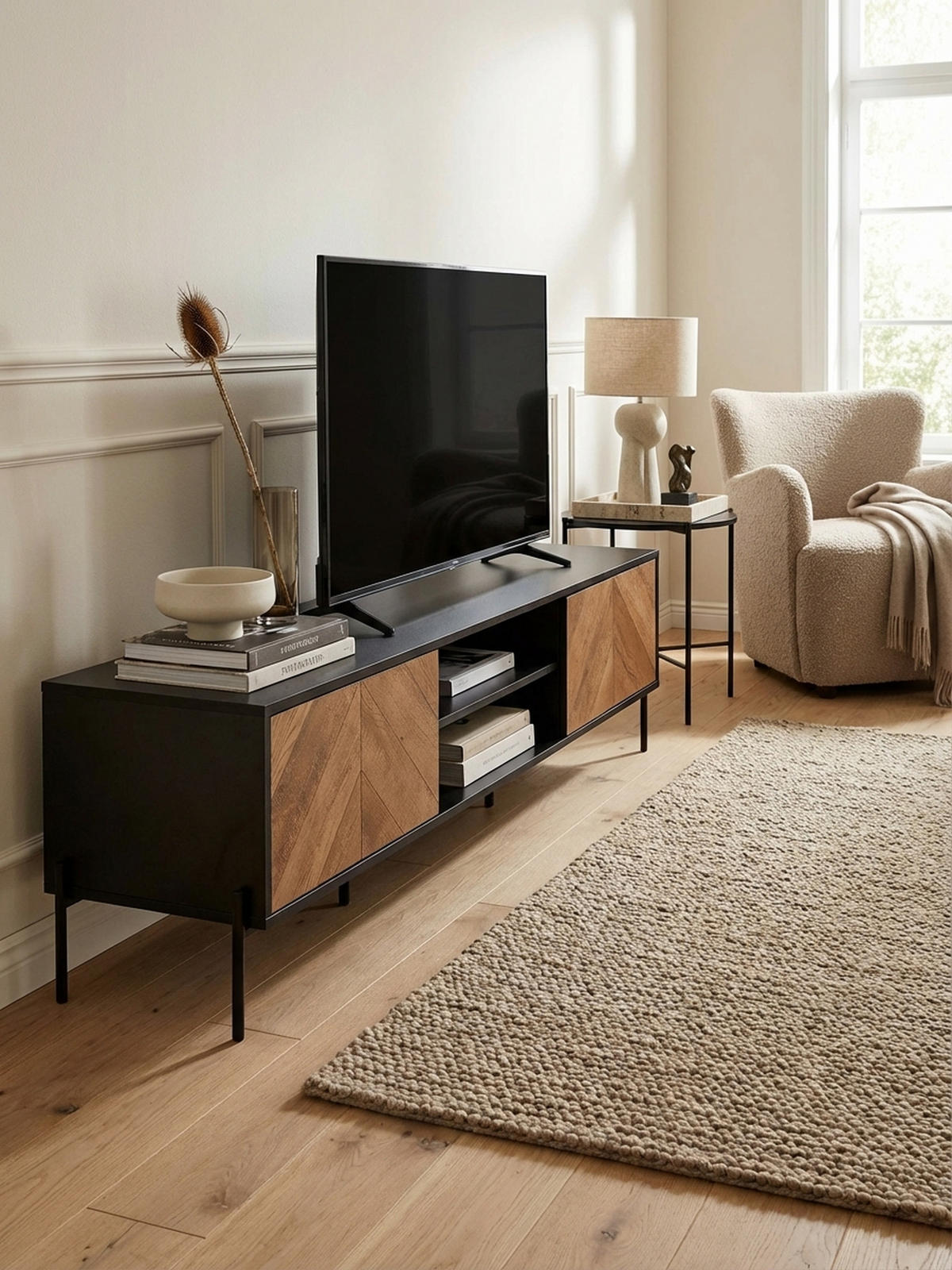 LOWBOARD Modern Stil mit V-Muster für 70-Zoll Fernseher - Schwarz, Holz/Metall (163/45/40cm) - KADIMA DESIGN