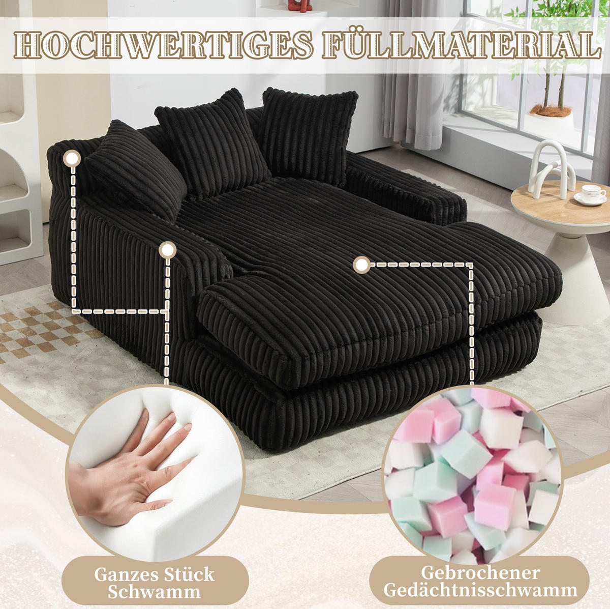 BIGSOFA Chaiselongue Cord mit 3 Kissen bodennah und ohne Montage 125/155/63 cm Schwarz - Schwarz, Textil (63/125/155cm) - Redom