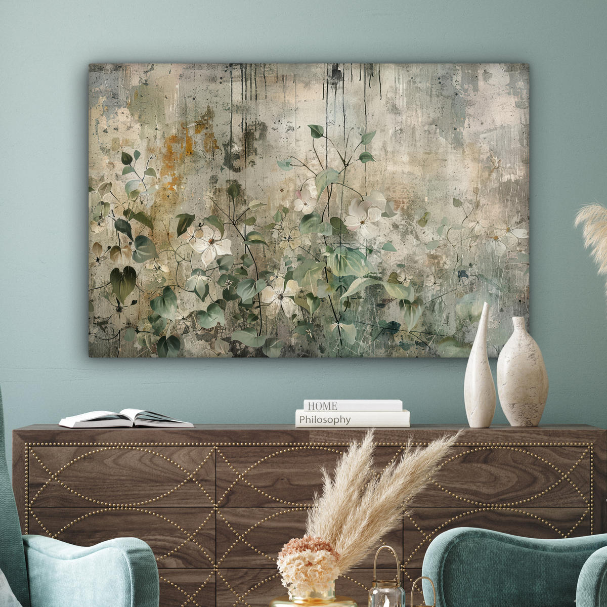 LEINWANDBILD Blumen - Blätter - Abstrakt - Modern XXL 150x100 cm - Grau, Textil (150/100cm) - MuchoWow