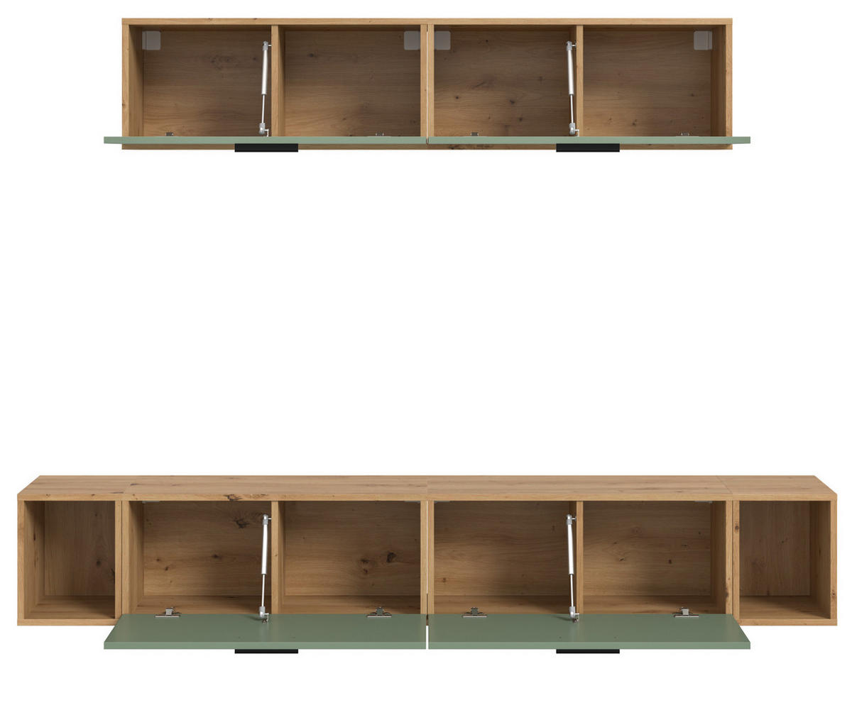 WOHNWAND grün, Eiche Artisan 202 cm, Schrankwand mit Soft-Close - Schwarz/Eiche Artisan, Holzwerkstoff/Kunststoff (202/184/34cm) - Inn.Furn