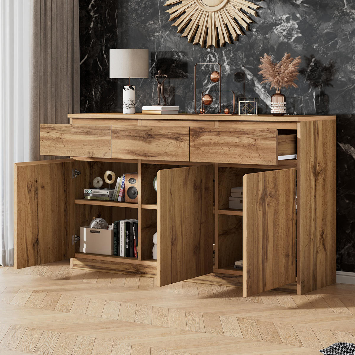 KOMODA od iverice, 135/40/81 cm boja drveta, s 3 vrata i 3 ladice - prirodne boje, drvni materijal (135/81/40cm) - BEAOK