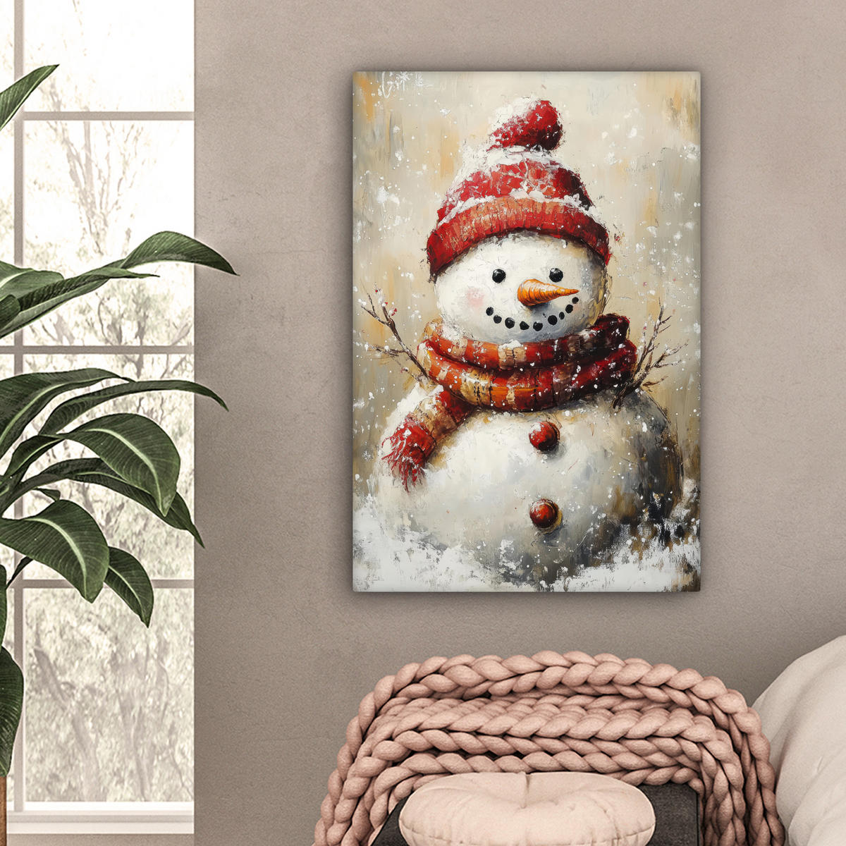 LEINWANDBILD Schneemann - Winter - Schnee - Beige 60x90 cm - Weiß, Textil (60/90cm) - MuchoWow