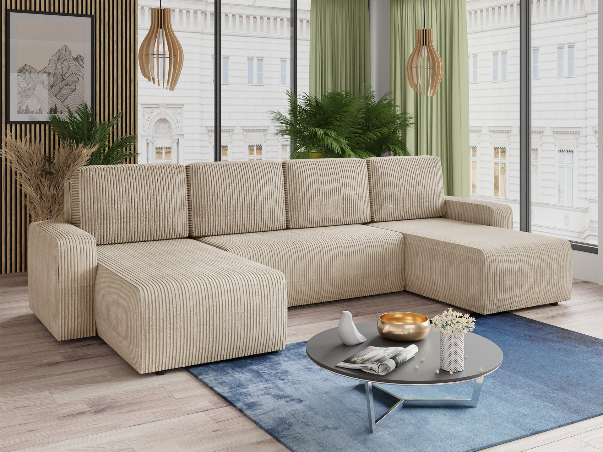 WOHNLANDSCHAFT Roma U - Beige, Holz/Textil (305/90/150cm) - Sofnet
