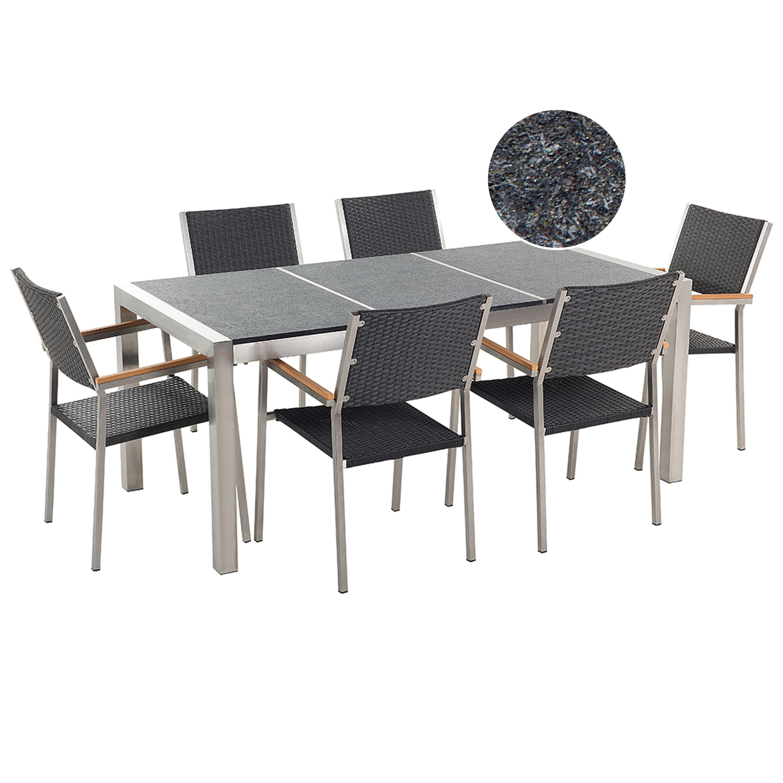 GARTENMÖBEL SET 6-Sitzer Naturstein schwarz geflammt Rattan Grosseto - Silberfarben/Schwarz, Metall - Beliani