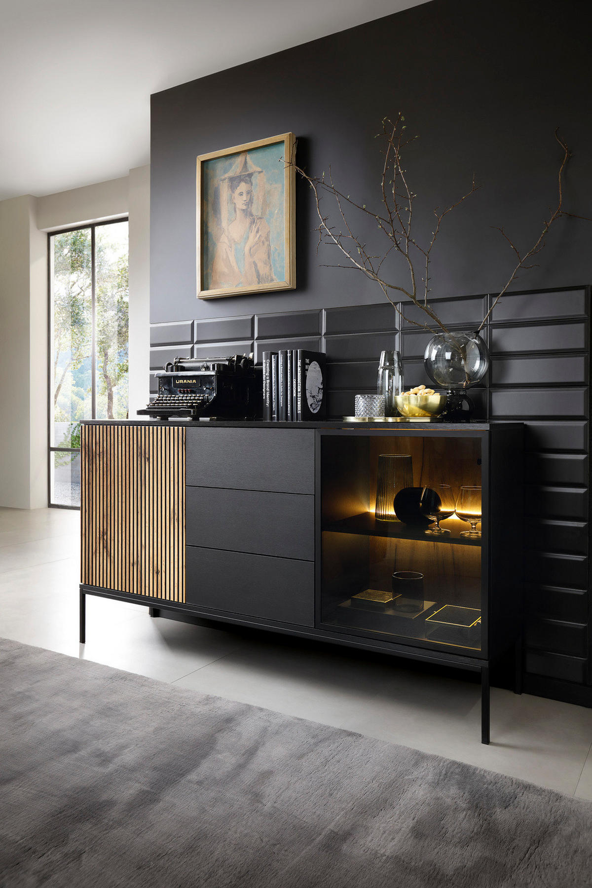 KOMMODE Lagos 154 cm mit drei Schubladen Schwarz und Wotan Eiche - Eiche Wotan/Schwarz, Holzwerkstoff/Metall (154/83/39cm) - Ravio