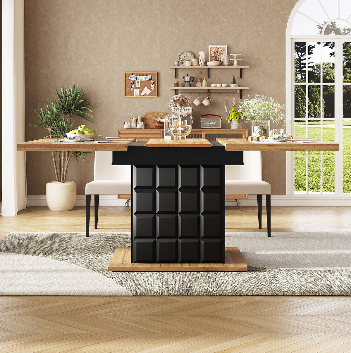 AUSZIEHBARER Esstisch, MDF mit Stauraum & Regalen, 110-140/80/75 cm, Schwarz/Natur - Schwarz, Holzwerkstoff (110/80/75cm) - Redom