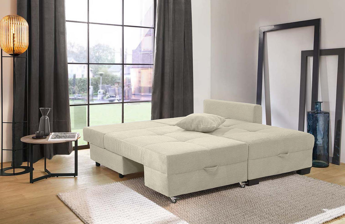 ECKSOFA Doppelbett mit Bettkasten, seitenverkehrt montierbar B247/T155/H87 cm, Liegefläche 183x207 cm, Cord Beige Grau / 15215 - Greige/Beige, Kunststoff/Textil (247/155cm) - luma-home