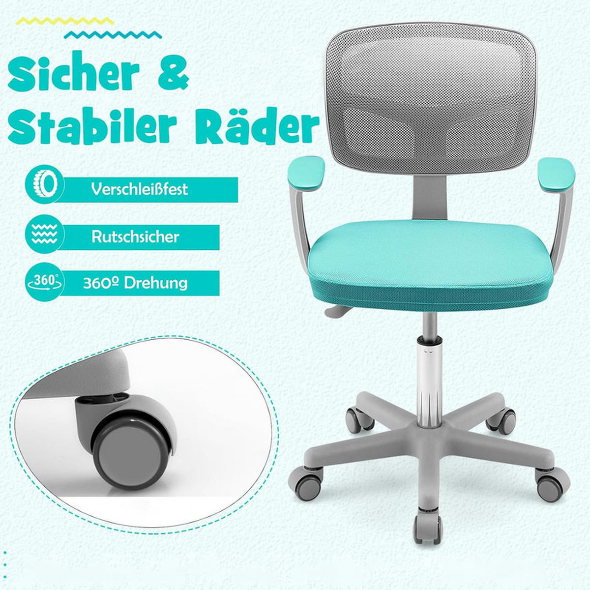 KINDER‑BÜROSTUHL 360°drehbar türkis - Hellblau, Kunststoff (54/80/54cm) - COSTWAY