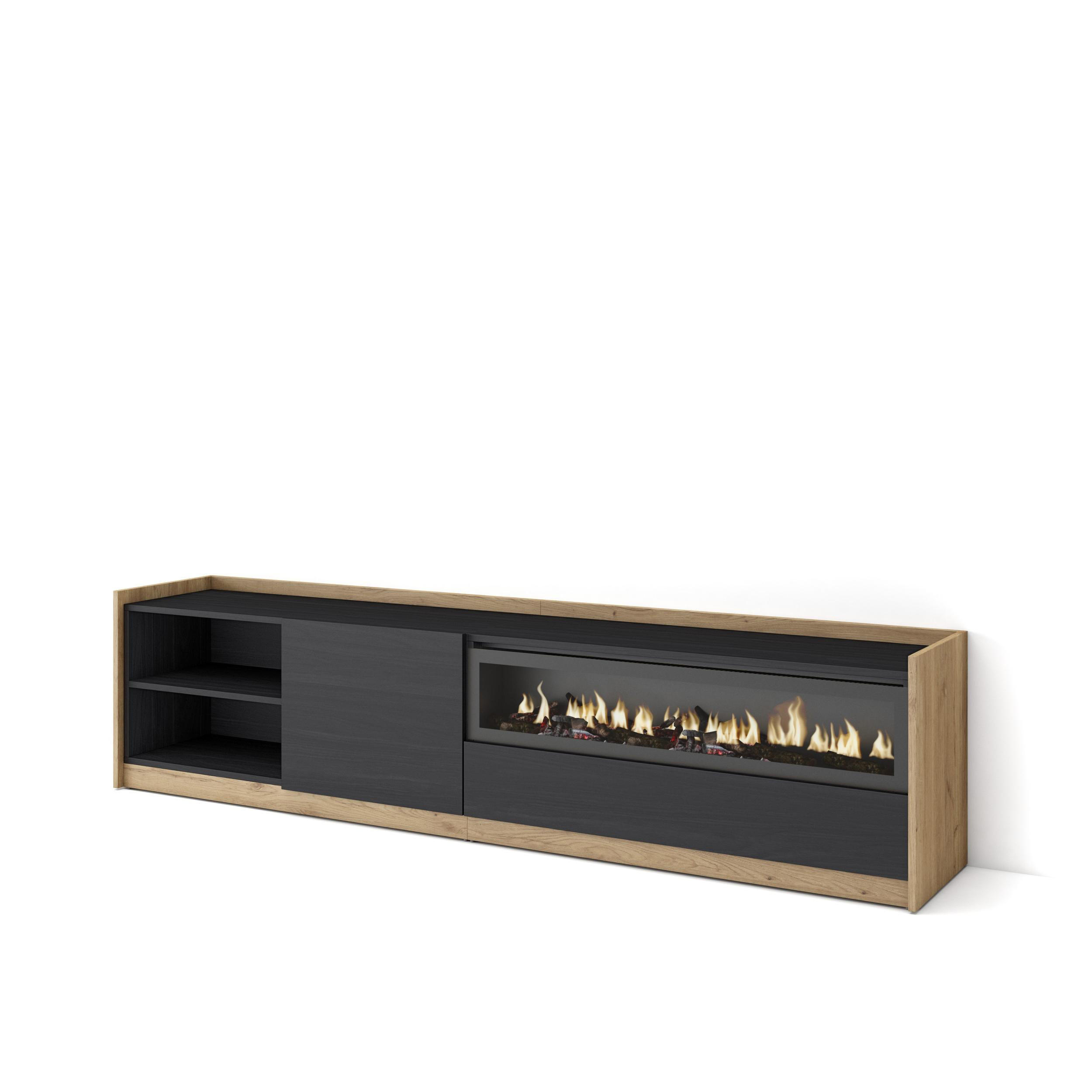 TV-SCHRANK, Lowboard, Schwarz Eiche, Elektrokamin, 207/37/50cm - Schwarz, Holzwerkstoff (207/50/37cm) - Skraut Home