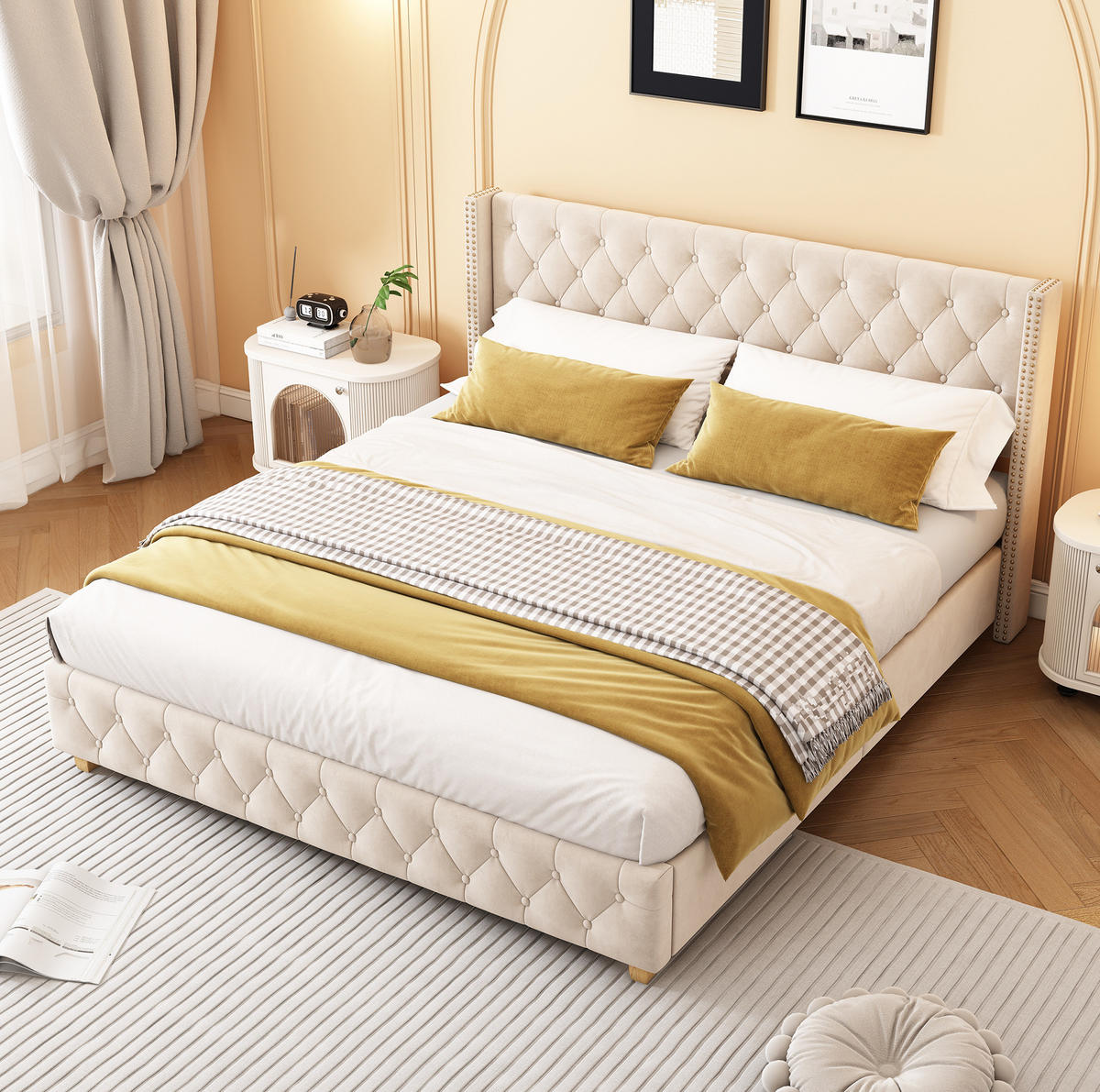 POLSTERBETT 160/200 cm Hellbeige mit Lattenrost und Kopfteil, Knopfpolsterung - Beige, Textil (160/200cm) - OKWISH