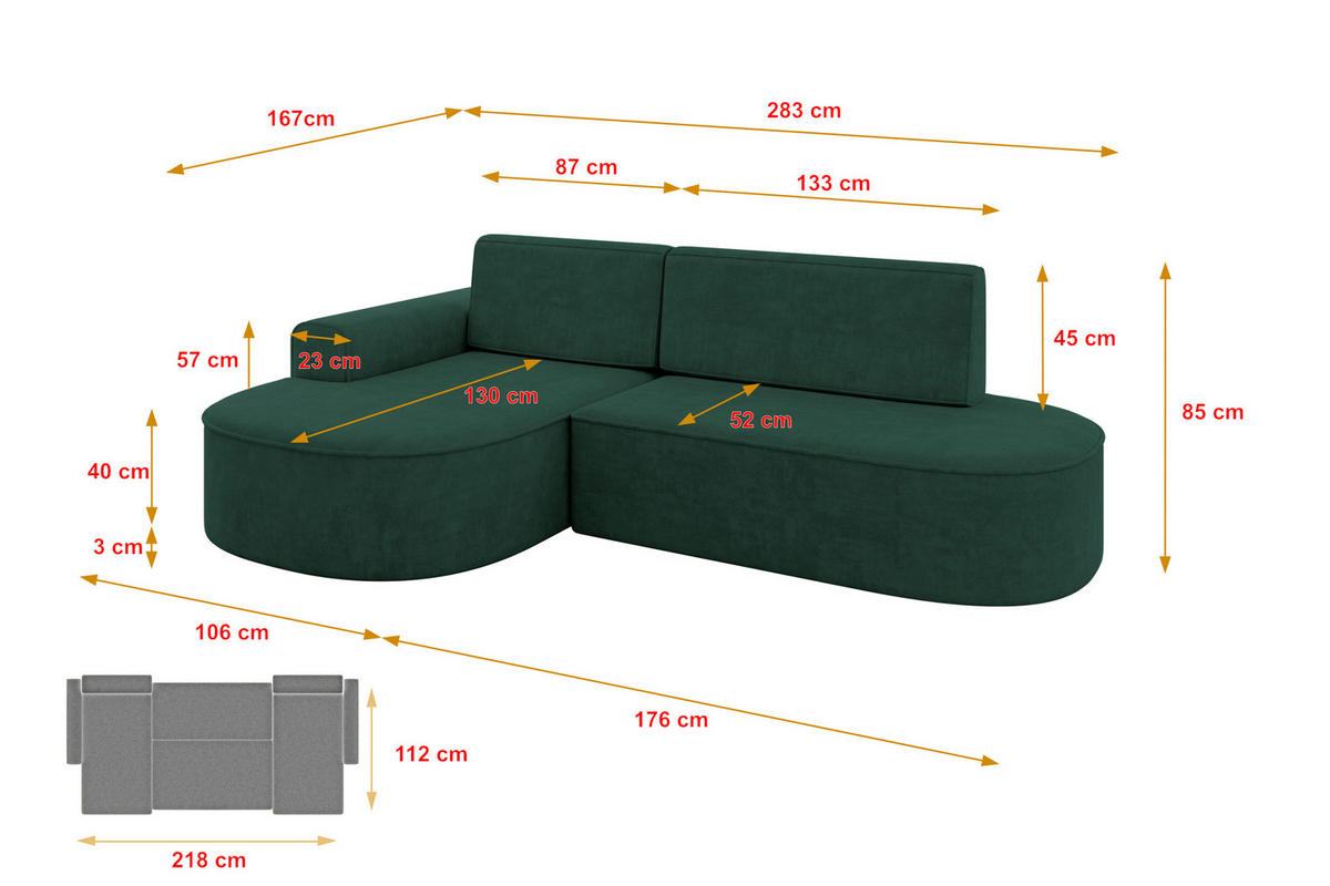 ECKSOFA mit Schlaffunktion und Bettkasten Ottomane Rechts MARI-L1-S - 283x167x85 cm Braun Velours - Schwarz/Bronzefarben, Holzwerkstoff/Kunststoff (167/283cm) - ALTDECOR
