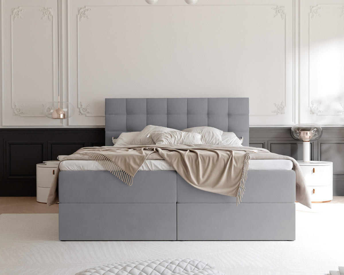BOXBETT GRAND 180/200 cm, in Hellgrau, mit Matratze und Topper - Hellgrau, Holzwerkstoff/Textil (180/200cm) - Idohome