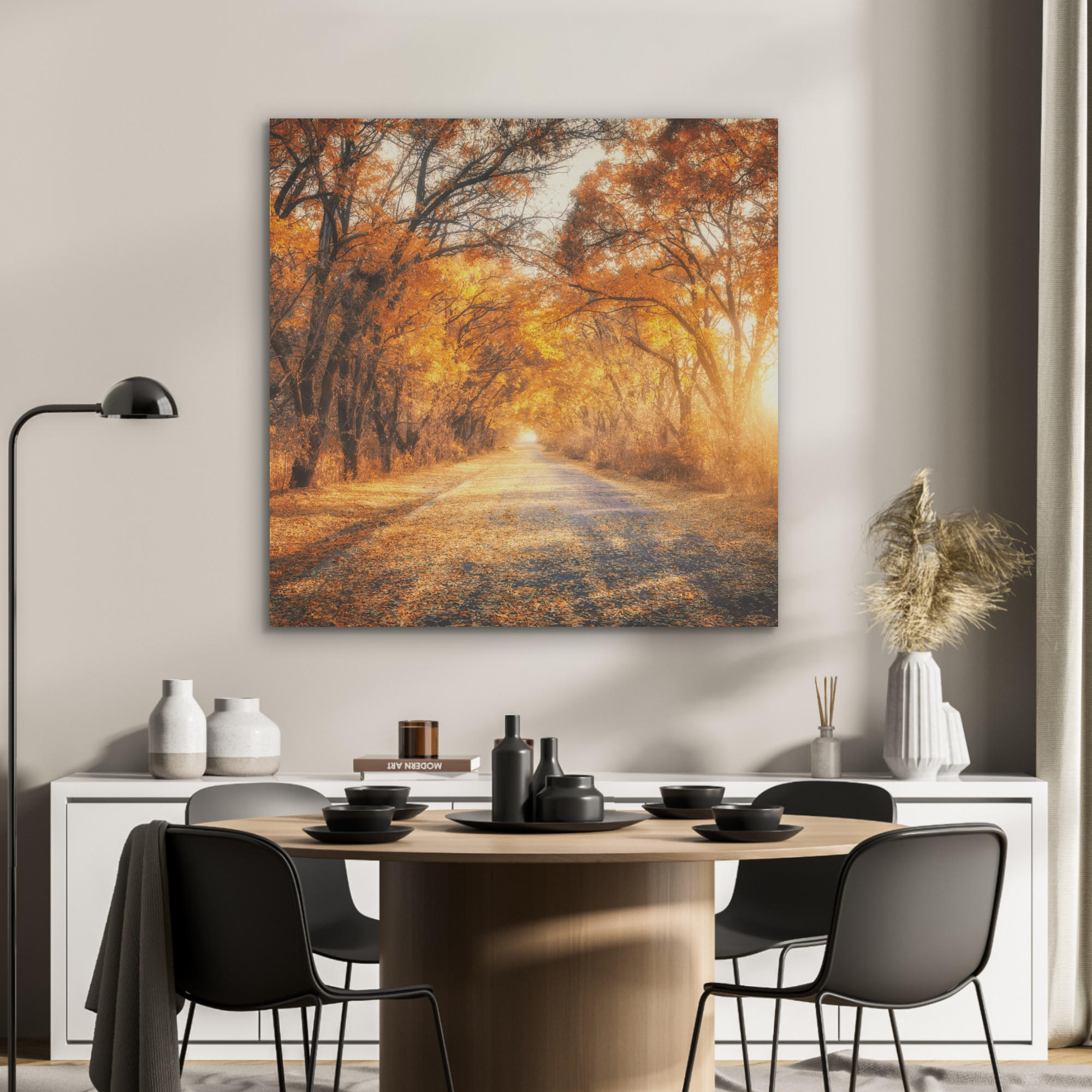 AKUSTIKPANEEL Wald - Herbst - Bäume - Waldweg - Natur 90x90 cm - Bernsteinfarben, Textil (90/0.9/90cm) - MuchoWow