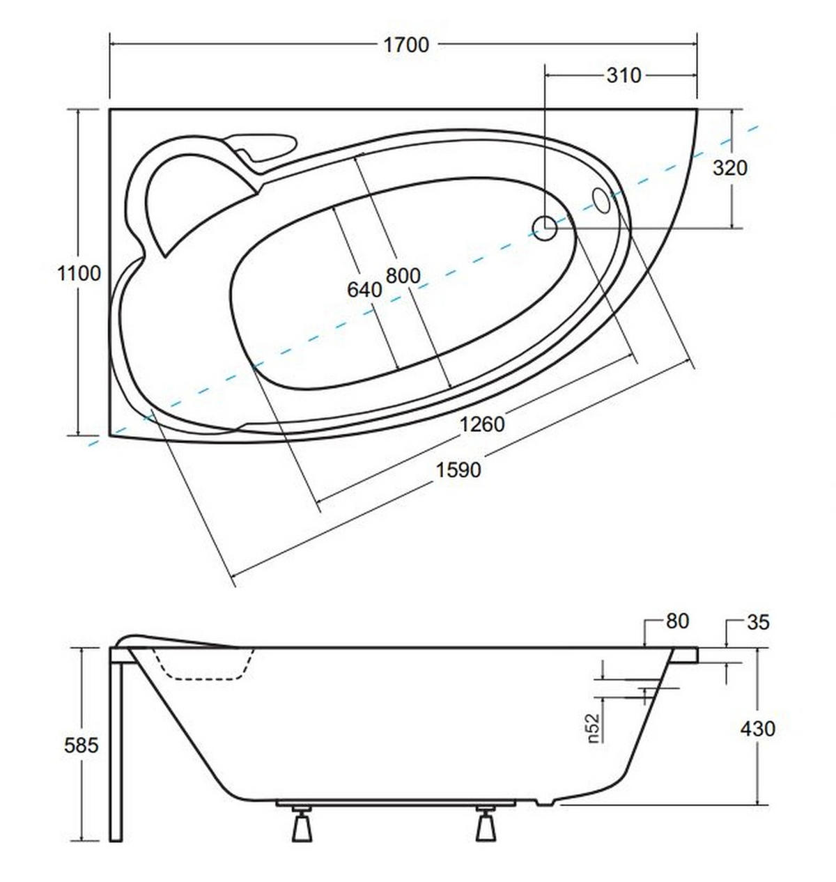 BADEWANNE Eckwanne FINEZJA 170/110 Links Ablauf & Füße - Weiß, Kunststoff (110/58.5/170cm) - bad land