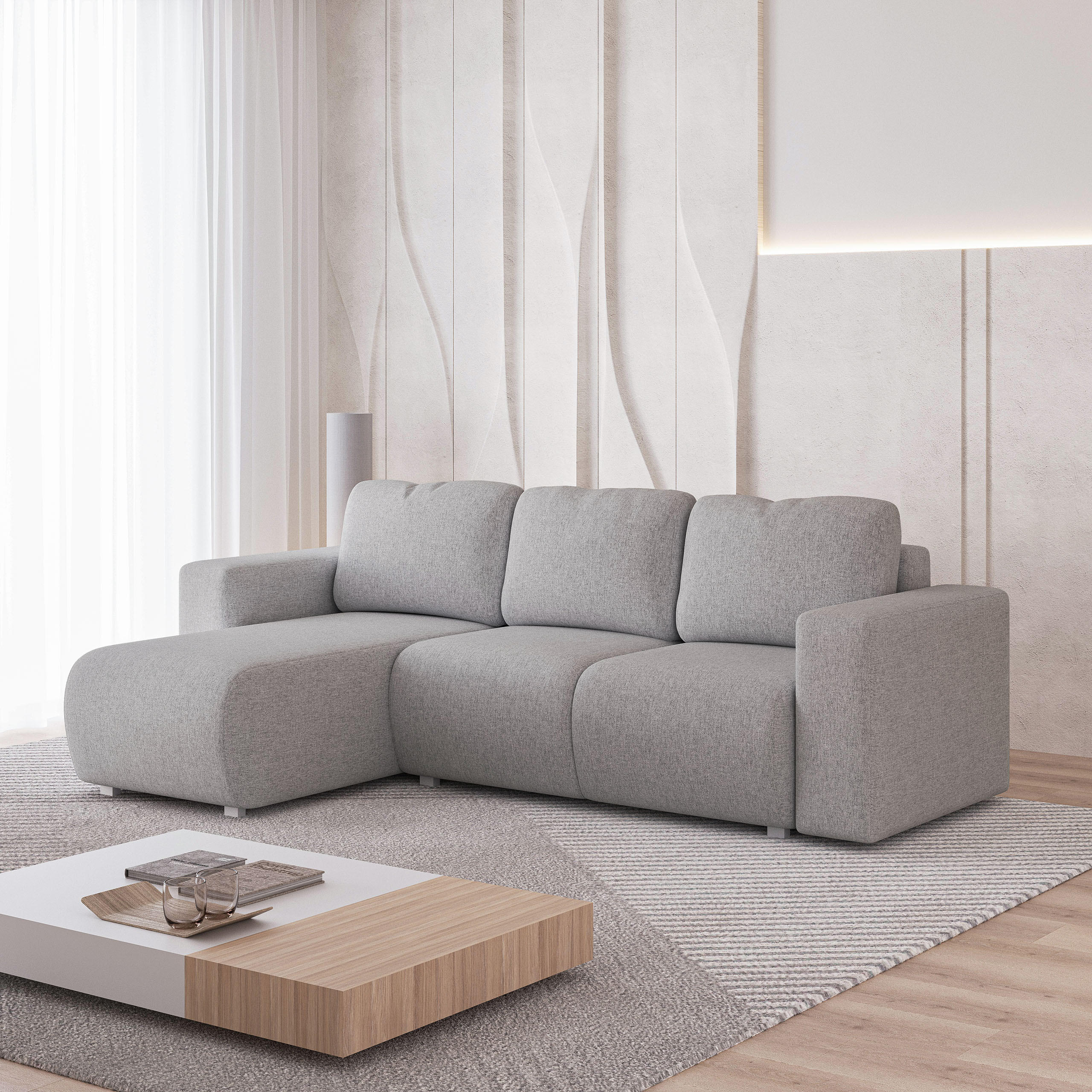 ECKSOFA RINOVA Hellgrau Geflochtener Stoff mit Schlaffunktion - Hellgrau, Holz (250/143cm) - MASSENO