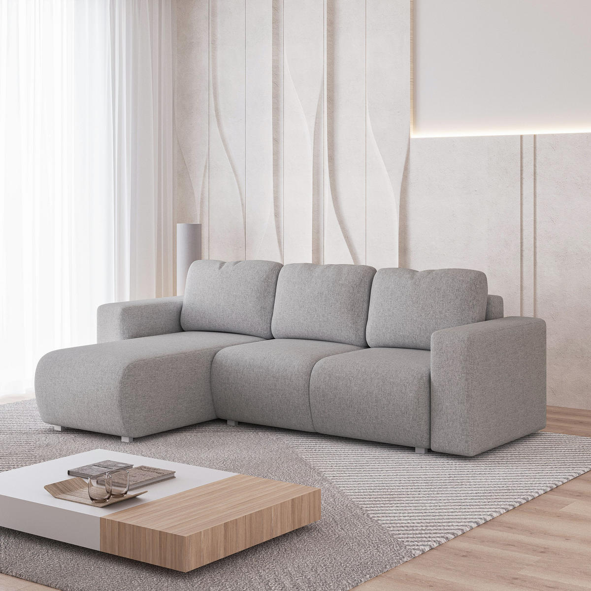 ECKSOFA RINOVA Hellgrau Geflochtener Stoff mit Schlaffunktion - Hellgrau, Holz (250/143cm) - MASSENO