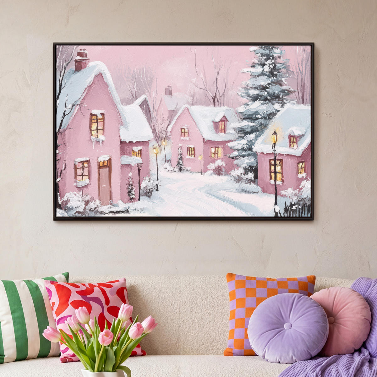 LEINWAND Bilder mit Rahmen - Weihnachtsdorf - Rosa - Winter - Schnee - Häuser - 90x60 - Altrosa, Textil (90/60cm) - MuchoWow