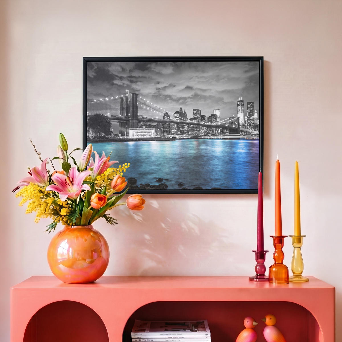 LEINWAND Bilder mit Rahmen - New York - Skyline - Stadt - Blau - 40x30 - Blaugrau, Textil (40/30cm) - MuchoWow