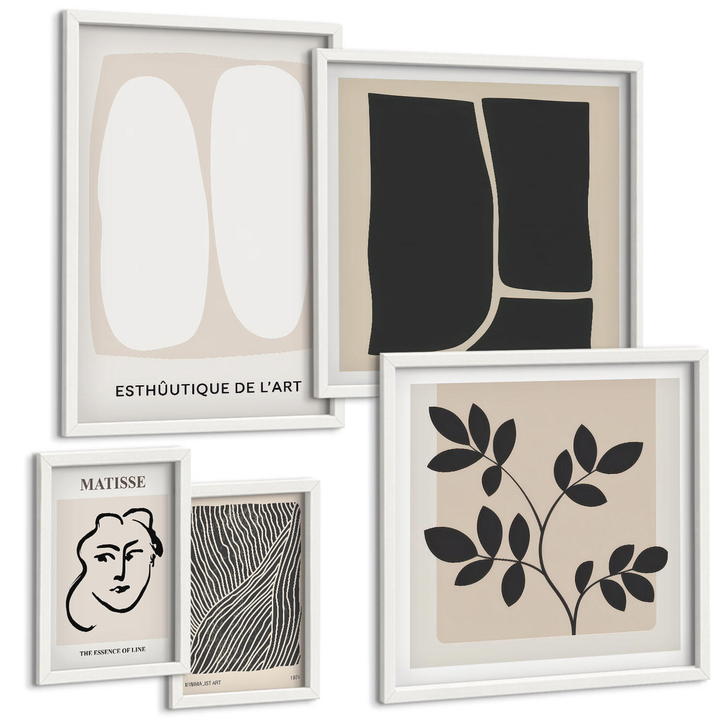 BILDER SET 5er Set - 50x50 cm & 20x30 cm & 40x60 cm Weißer Rahmen - Minimalistische Pflanzenmuster - Weiß, Kunststoff (40/60cm) - TULUP