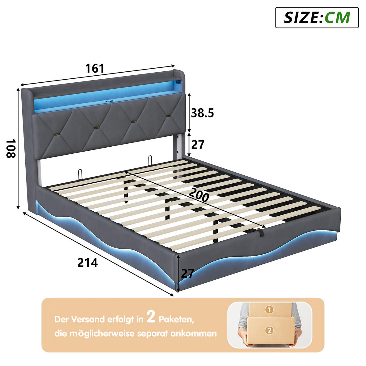 POLSTERBETT 160/200 cm Grau mit hydraulischem Stauraum, LED & USBund Lattenrost - Grau, Metall (160/200cm) - EuroLiving