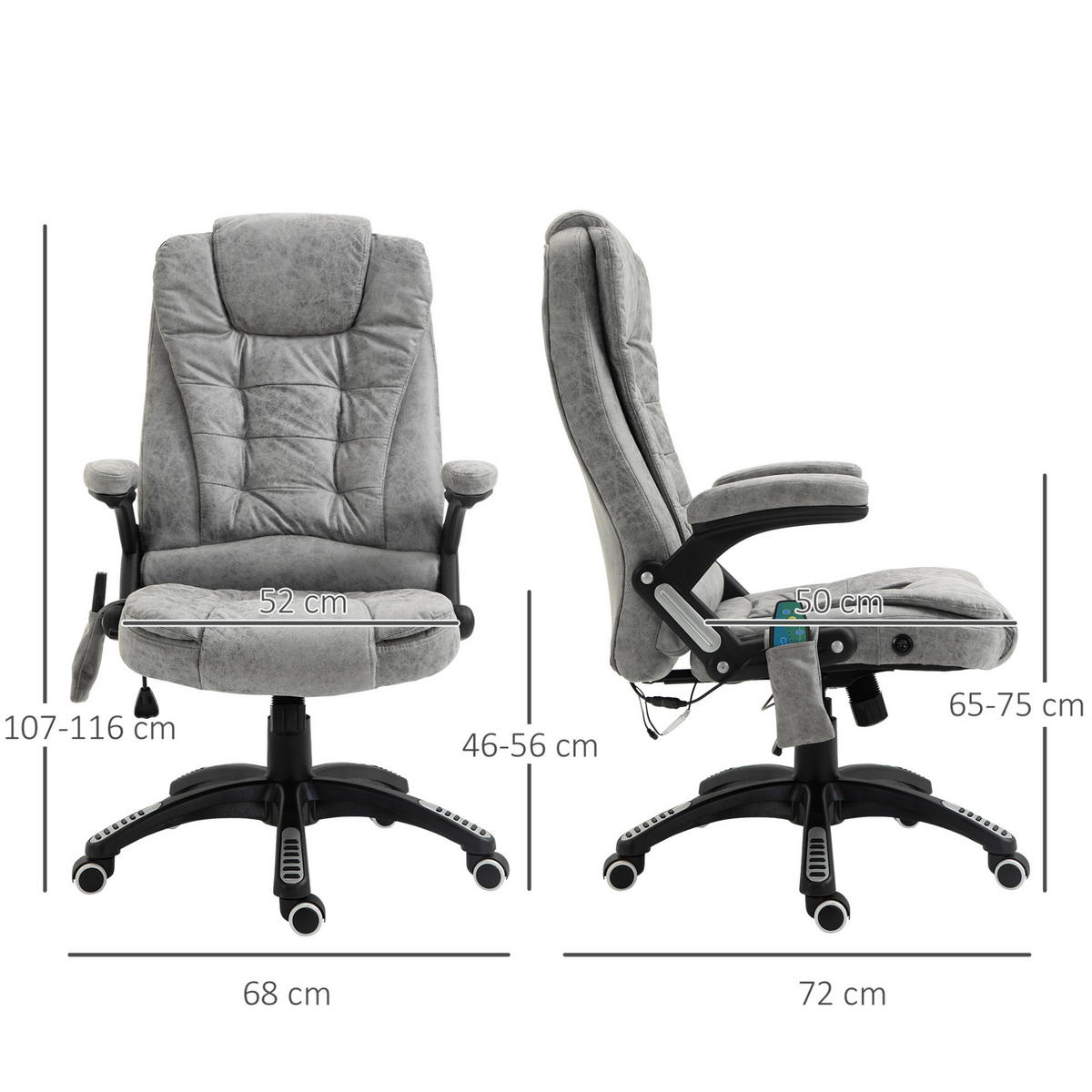 CHEFSESSEL in Grau 72x68x120 cm mit Massage- und Wärmefunktion, höhenverstellbar - Grau, Textil (68/120/72cm) - IVMEU