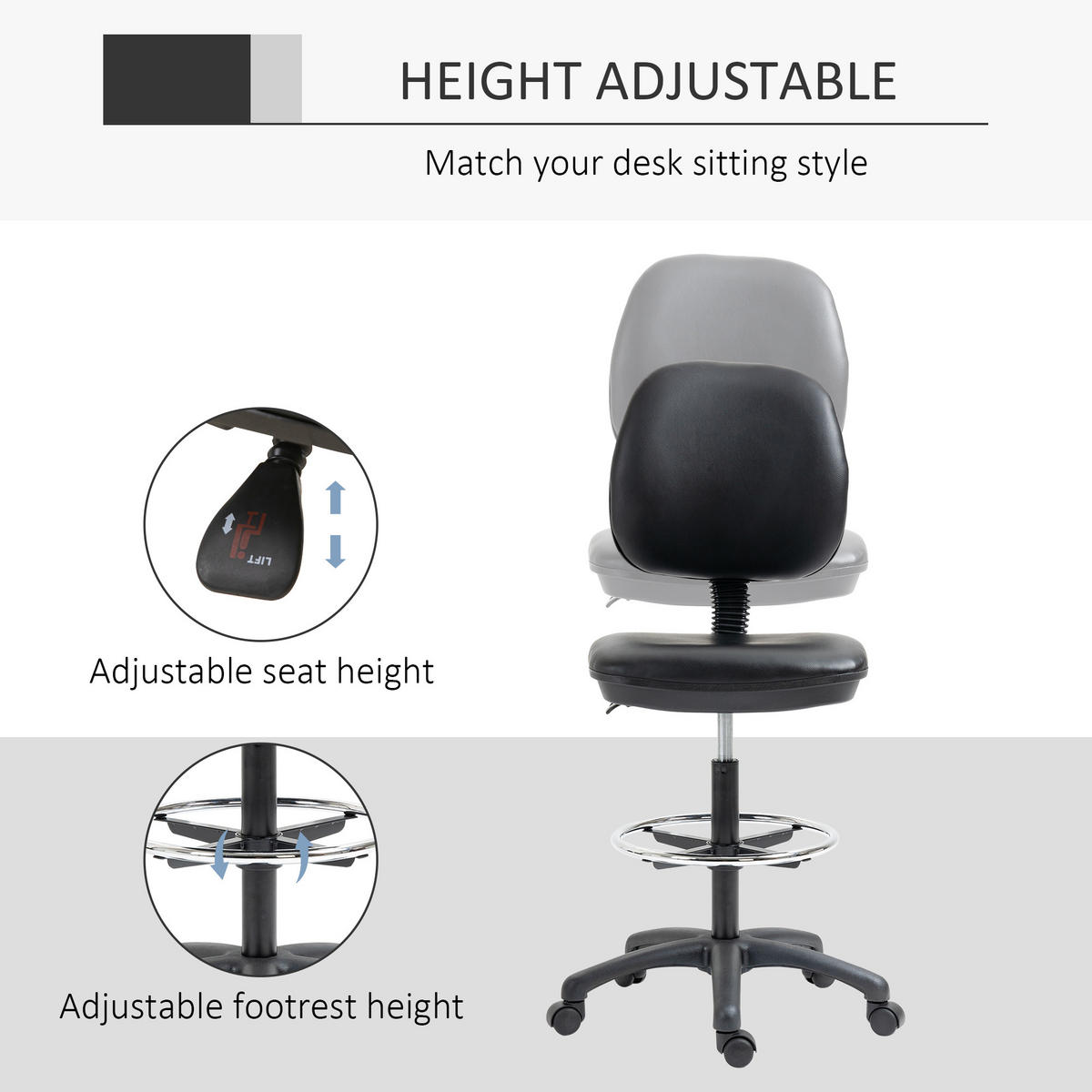 BÜROHOCKER DE-11674 höhenverstellbar 69-91 cm mit verstellbarer Fußstütze Schwarz - Schwarz, Metall (46/137/49.5cm) - ComfortXL