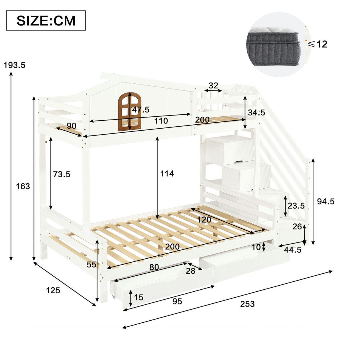 POSCHODOVÁ posteľ 90/200 a 120/200 cm biela/prírodná z masívu a MDF s rohovým rebríkom, skrinkou a 2 zásuvkami - biela, kompozitné drevo (90/200cm) - OKWISH