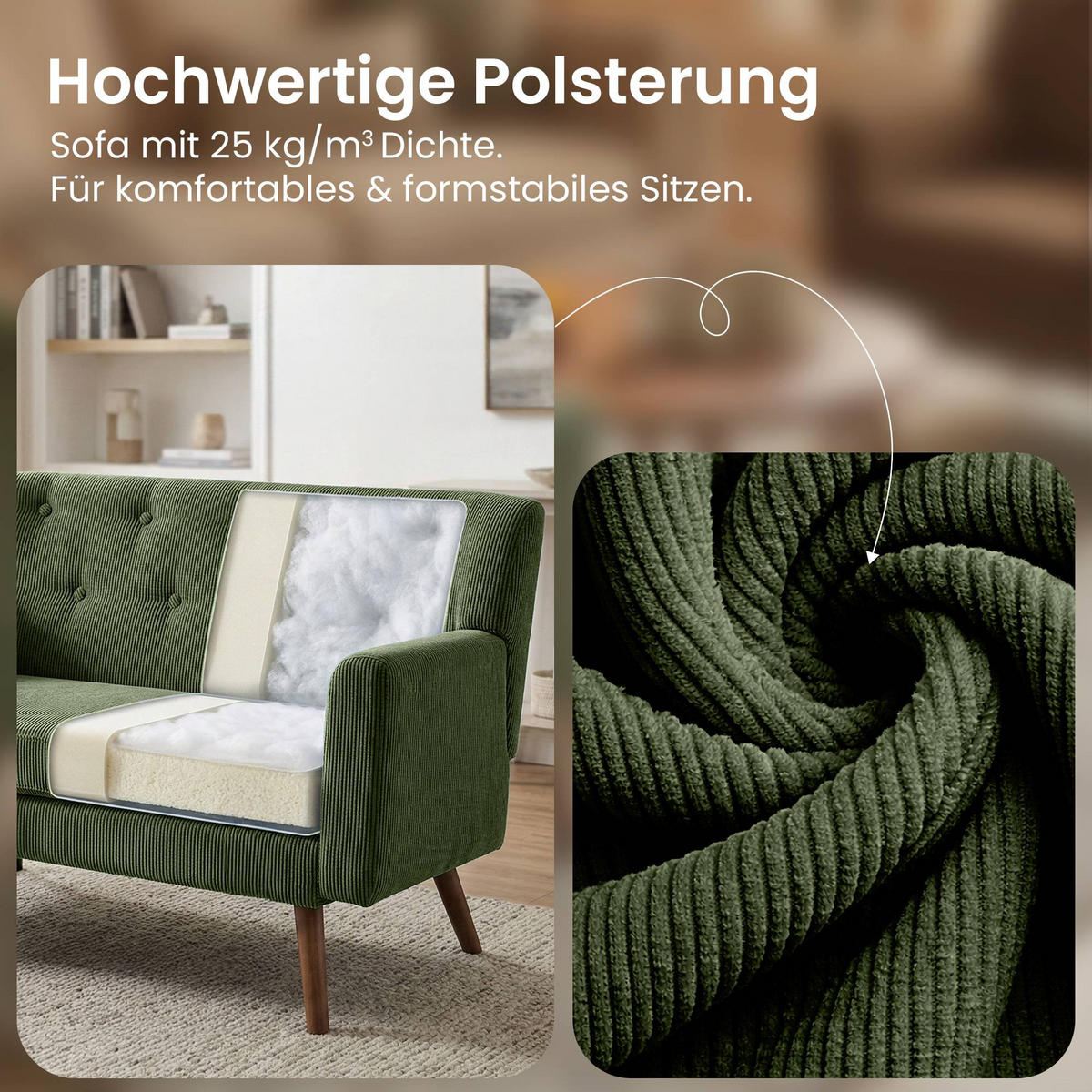 SOFA 120/74 cm Cord Grün - Braun/Grün, Holz/Textil (120/81/74cm) - CLP