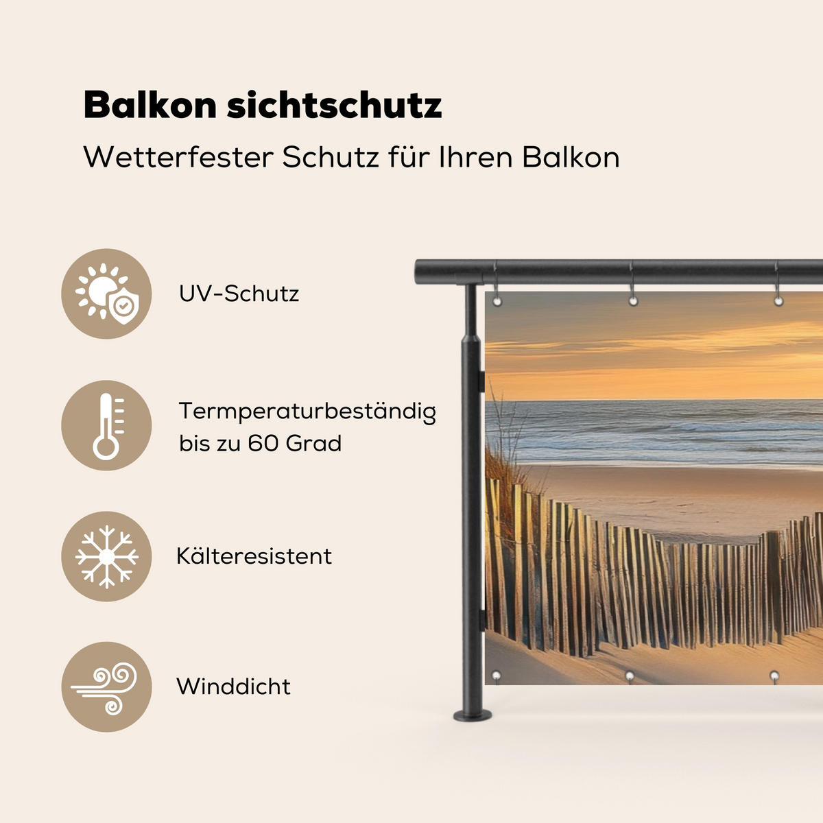 BALKON-SICHTSCHUTZ Strand - Dünen - Sonnenuntergang 300x95 cm - Sandfarben, Kunststoff (300/95cm) - MuchoWow
