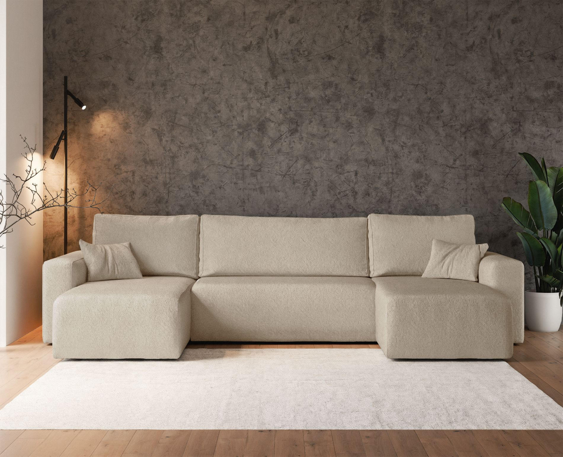 WOHNLANDSCHAFT Pianoni Hellbeige Bouclé-Bezug - Ecru/Schwarz, Kunststoff/Textil (312/83/140cm) - Selsey