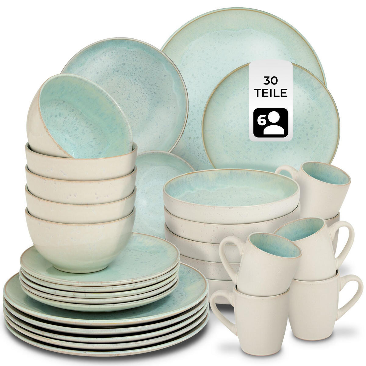 KOMBISERVICE Mare, ineinander stapelbar, Mint - Mintgrün, Keramik (26.5/2.5/26.5cm) - tectake