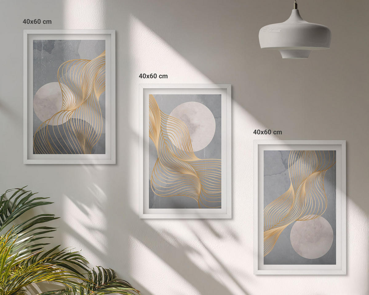 BILDER SET 3er Set - 40x60 cm Weißer Rahmen - Abstrakte Muster Wellen Kreise - Weiß, Kunststoff (40/60cm) - TULUP