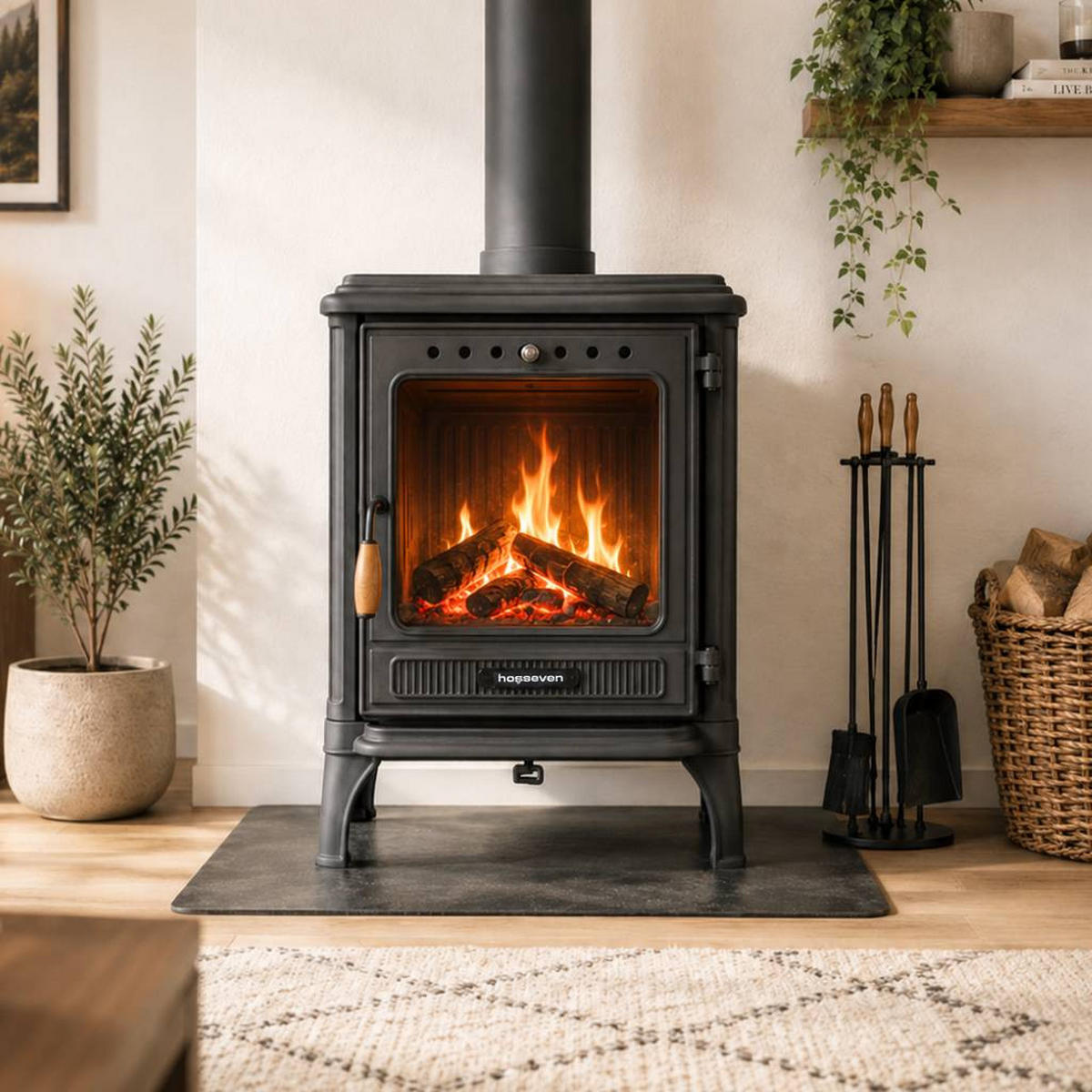 HOSSEVEN Kaminofen Holzofen Gusseisen 7 kW Holz Ofen Kamin 8005 Heizofen - Schwarz, Metall (51.6/68.3/45.8cm)