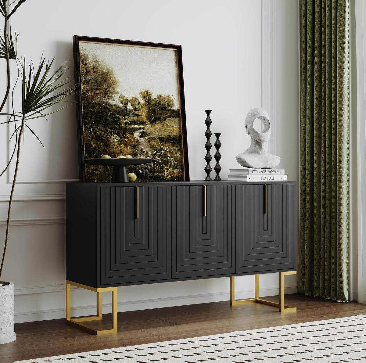 SIDEBOARD aus MDF 138x40x80 cm Schwarz mit 3 Türen, verstellbaren Regalböden und U-förmiger Frontstruktur - Schwarz, Holzwerkstoff (138/80.5/40cm) - Modfu
