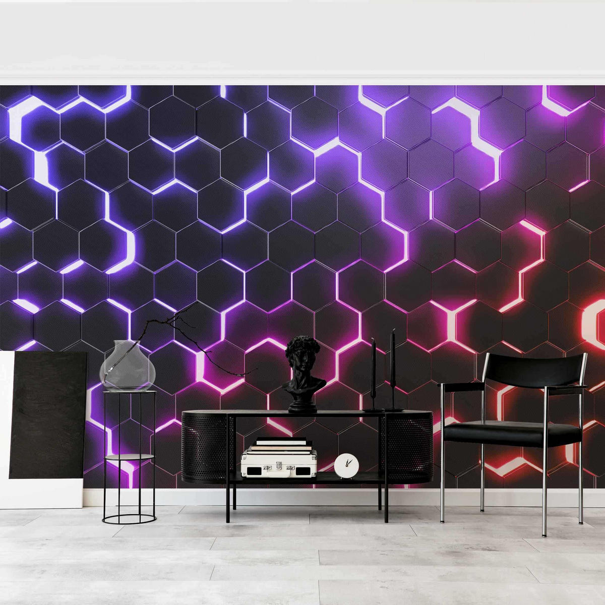 FOTOTAPETE Strukturierte Hexagone mit Neonlicht in Rosa und Lila 432/290 cm - Schwarz, Papier (432/290cm) - Bilderwelten
