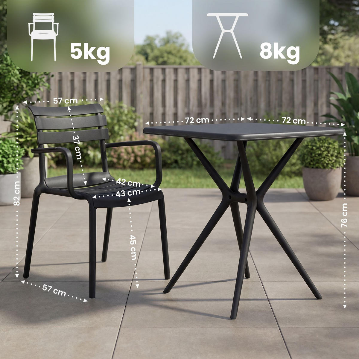 GARTENMÖBEL-SET Nora 4 Stühle 186x186x82cm Kunststoff Schwarz Balkonset - Schwarz, Kunststoff - DELUKE