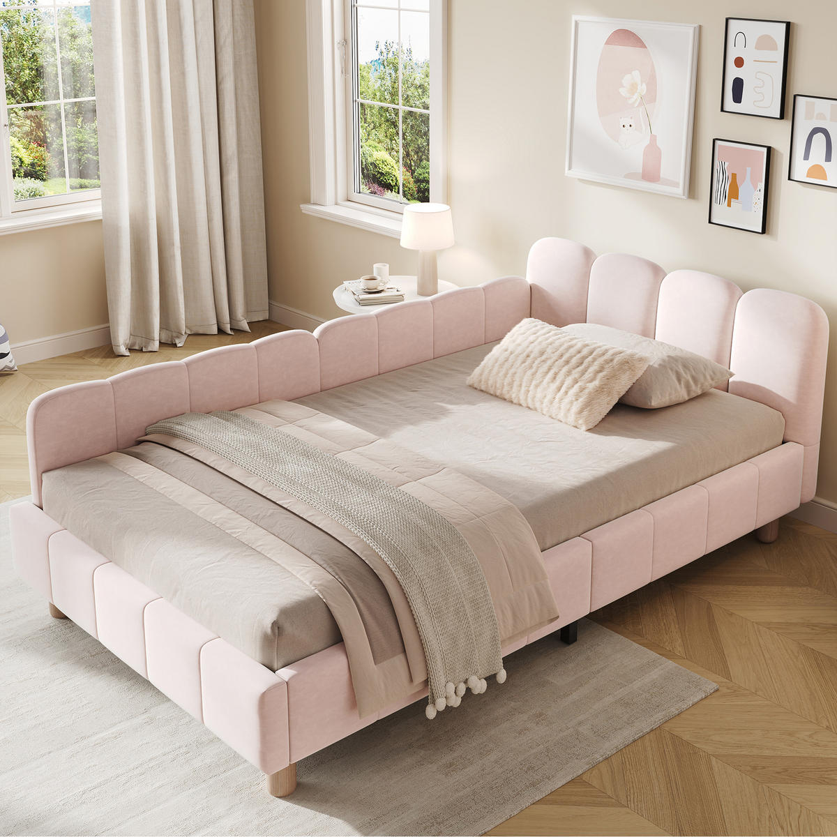 KINDERBETT 90/200 cm in Pink Samt mit Rausfallschutz und Taschen - Rosa, Holzwerkstoff/Textil (90/200cm) - WISHDOR
